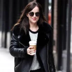 Dakota Johnson Black Shearling Fur Leather Jacket