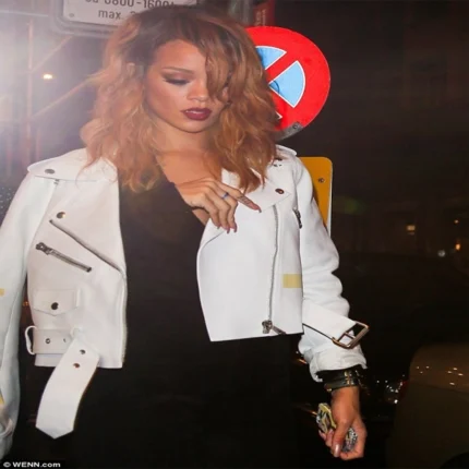 Rihanna White Biker Leather Jacket